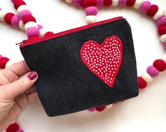 Upcycled Denim Zipper Pouch – Handmade Polka Dot Heart