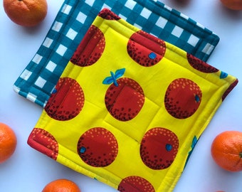 Hot pads - pot holders - orange hot pads - orange gift - citrus gift - fruit hot pad - blue yellow hot pads - baking gift - kitchen gift