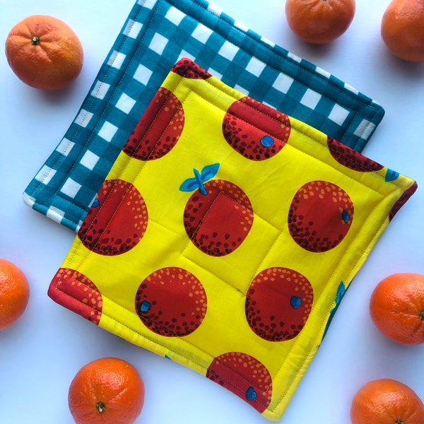 Hot pads - pot holders - orange hot pads - orange gift - citrus gift - fruit hot pad - blue yellow hot pads - baking gift - kitchen gift