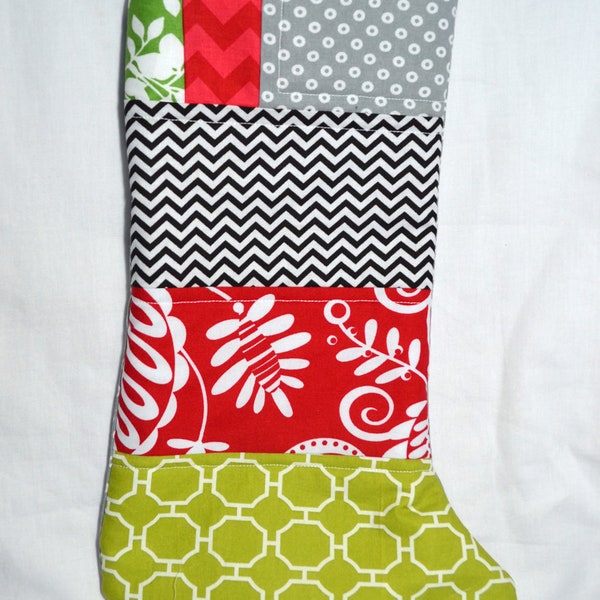 Modern Patchwork Stocking - Gray Dot, Black White Chevron, Green and Red Floral