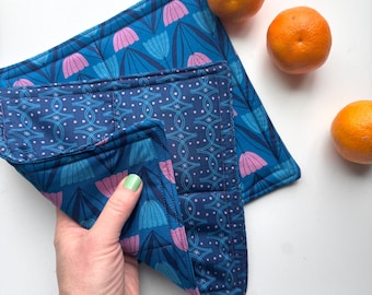 Quilted Flower Hot Pads – Modern Blue Tulip Potholders, Set of 2