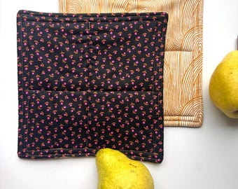 Quilted Cotton Hot Pads - Black & Pink Floral, Set of Two