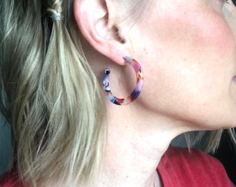 Hoop earrings - acetate earrings - rainbow earrings - colorful earring - confetti earring - women accessory - circle earrings - red blue pin