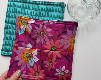 Floral Cotton Quilted Hot Pads – Teal & Pink, Washable (Set of Two)