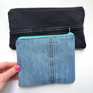 denim zipper pouch - upcycled jean pouch - denim make up bag - four inch zipper pouch - cosmetic pouch - gift teen girls - blue denim bag