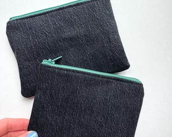 Upcycled Black Denim Zipper Pouch – Lined Cosmetic Bag (6" Zipper)