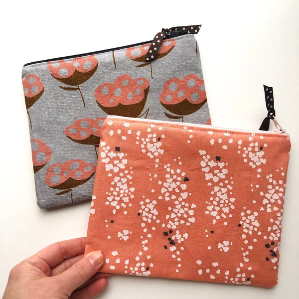 Coral zipper pouch - make up bag - cosmetic pouch - floral zipper pouch - mom gift - teen girl gift - purse organizer -  fabric zipper pouch