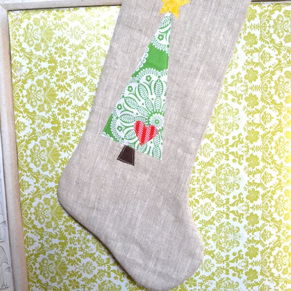 NEW Modern Christmas Stocking -Linen with Green Floral Tree and Red Heart