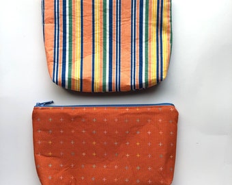 Orange zipper pouch - striped zipper pouch - make up bag - purse organizer pouch - travel pouch - blue zip pouch - women gift - girl gift