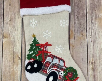 Vintage Red Truck Christmas Stocking, Personalized Christmas Stocking, Christmas Tree Baby Stocking