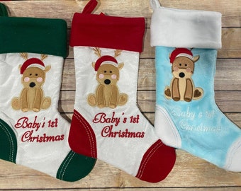 Baby's 1st Christmas Stocking, Personalized Christmas Stocking, Christmas Reindeer Baby Stocking