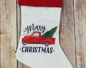 Vintage Red Truck Christmas Stocking, Personalized Christmas Stocking, Christmas Tree  Stocking