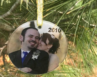 Glass Photo Ornament Keepsake - Circle With Sublimated Photo & Text - Christmas Gift - Wedding Gift