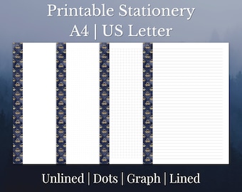Mond Motte druckbare Briefpapier Set | Liniert | Ungefüttert | Dot Grid | Graph Gitter | DIN A4 | US Letter.