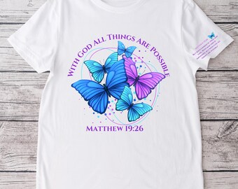 Con Dios todo es posible camiseta mujer fe cristiana motivacional mariposas morado