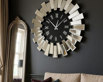 Unusual Silver Mirror Framed Black Wall Clock, Modern Oversized Decorative Clock, Silent Mechanism Home & Office Wall Decor