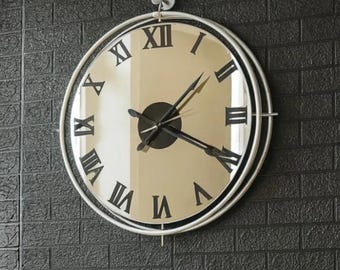 Modern Large Unique Mirror Wall Clock, Minimalist Oversize Silent Wall Clock, Metal Silver Frame Mirrored Wall Clock, Farmhouse Wall Clock