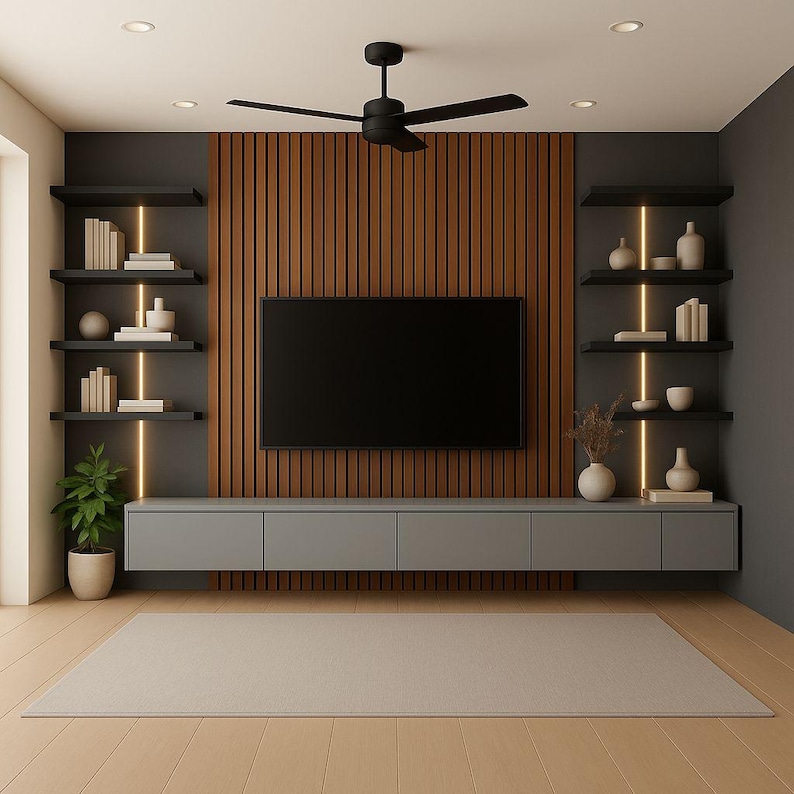 May include: A modern living room with a large black television mounted on a wooden panel wall. Gray floating shelves with books and decorative items flank the TV. A gray cabinet sits below the TV, and a beige rug covers the floor.