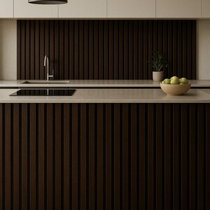 May include: Modern kitchen design featuring dark brown vertical wood paneling on the cabinets and backsplash. A light-colored countertop contrasts with the dark wood. A black pendant light hangs above the island. A bowl of green apples sits on the counter.