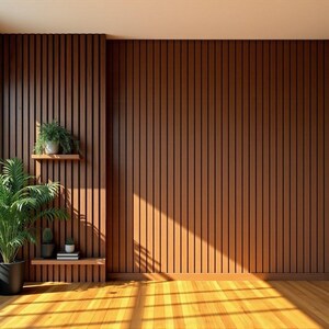 May include: A room with a wooden floor and walls. The walls are made of vertical wooden panels. Two small shelves hold potted plants. Sunlight streams in, casting shadows on the floor and walls.