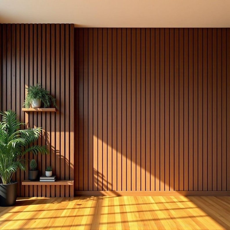May include: A room with a wooden floor and walls. The walls are made of vertical wooden panels. Two small shelves hold potted plants. Sunlight streams in, casting shadows on the floor and walls.