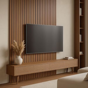 May include: A modern living room setup featuring a large flat-screen TV mounted on a wooden panel with vertical slats. Below the TV is a wooden console with three drawers. A white vase with dried plants sits on the console.