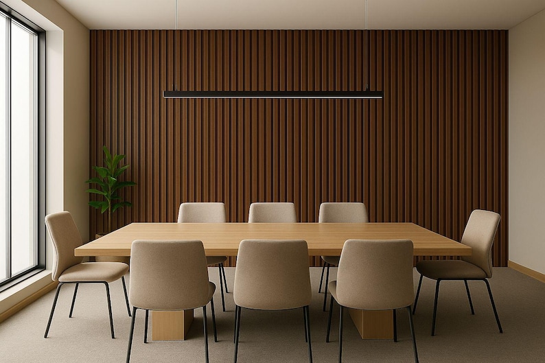 Pu&ograve; includere: Una sala da pranzo moderna con un grande tavolo in legno e sei sedie beige. Il tavolo &egrave; centrato nella stanza, con una parete a doghe marrone scuro sullo sfondo. Un apparecchio di illuminazione nero &egrave; appeso sopra il tavolo.