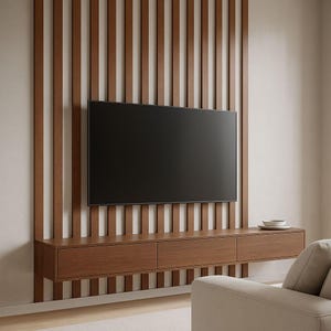 May include: A modern entertainment center featuring a large black flat-screen TV mounted on a wooden slat wall. Below the TV is a floating wooden console with three drawers. A neutral-colored sofa is in the foreground.