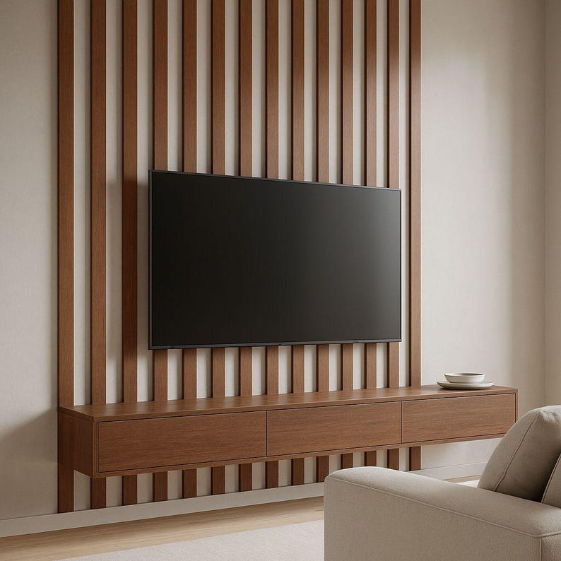 May include: A modern entertainment center featuring a large black flat-screen TV mounted on a wooden slat wall. Below the TV is a floating wooden console with three drawers. A neutral-colored sofa is in the foreground.