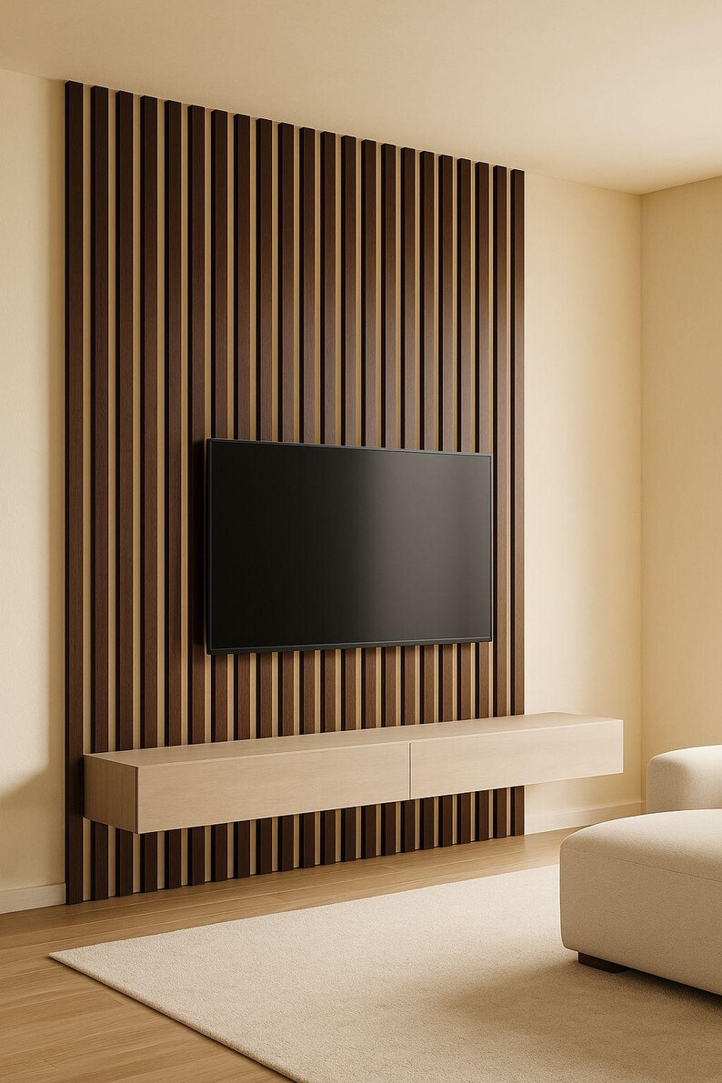 Pu&ograve; includere: Un moderno soggiorno con un rivestimento murale a doghe in legno scuro. Un grande televisore a schermo piatto nero &egrave; montato sulla parete. Sotto la TV c'&egrave; un mobile sospeso in legno chiaro. Un tappeto beige e posti a sedere completano lo spazio.