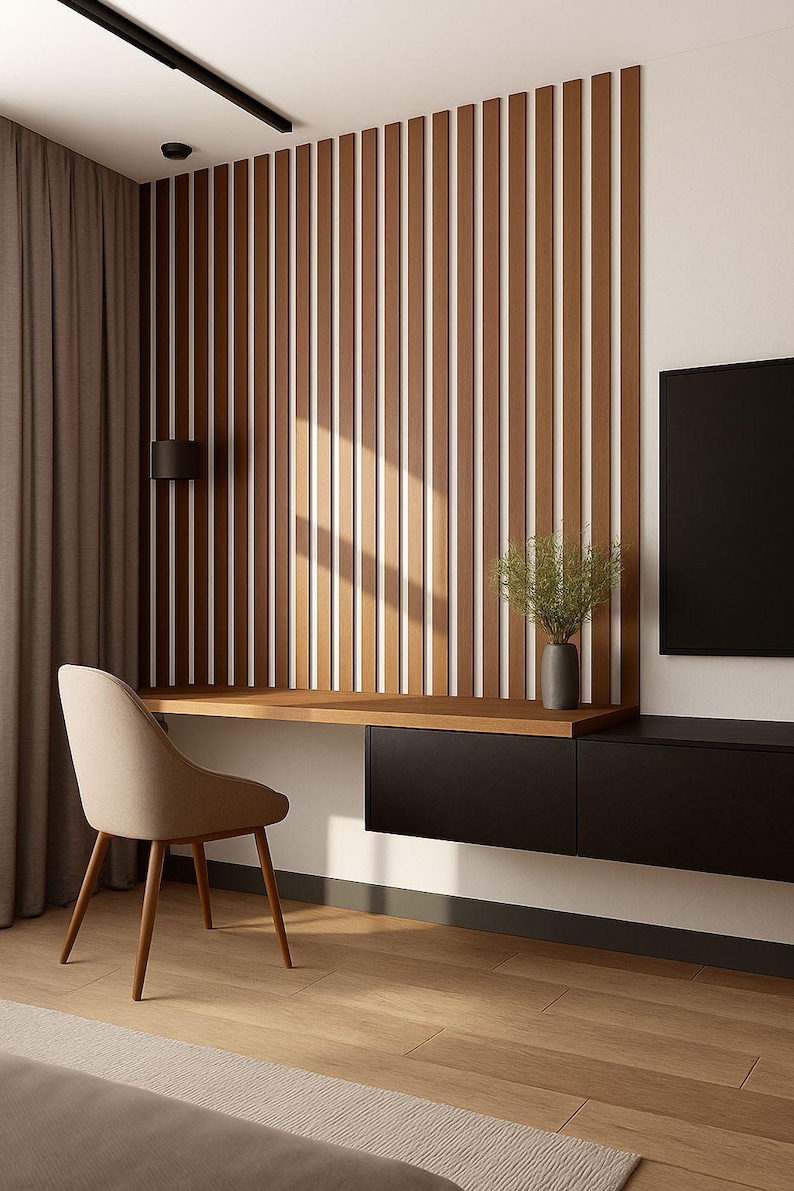 May include: Modern home office setup featuring a wooden desk with black drawers, a beige chair, and a decorative wooden wall panel. A black TV is mounted on the wall. The room has hardwood floors and a neutral color palette.