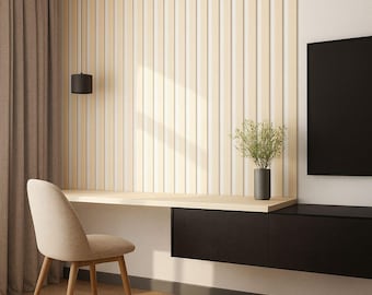 May include: Modern home office setup featuring a light wood desk and chair. The desk is integrated with a black storage unit and a vertical wood panel wall. A black pendant light hangs above the desk, and a vase with greenery sits on the desk.