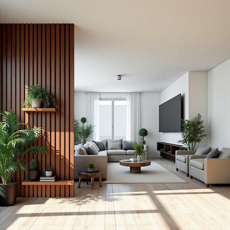 May include: A modern living room with light wood flooring and a large sectional sofa. A dark wood accent wall features shelves with plants. A large flat-screen TV is mounted on a white wall. The room is filled with natural light.
