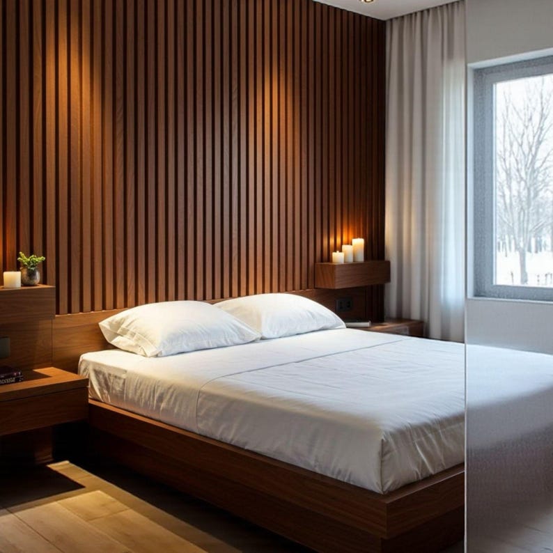 May include: A modern bedroom featuring a wooden bed frame with white bedding. The headboard is integrated with a wooden panel wall. Two nightstands and candles add warmth to the space. A window with a view is on the right.