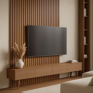 Pu&ograve; includere: Un moderno allestimento del soggiorno con un grande televisore a schermo piatto montato su un pannello di legno con doghe verticali. Sotto il televisore c'&egrave; una console in legno con tre cassetti. Un vaso bianco con piante essiccate &egrave; sulla console.