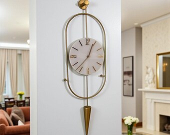 Gold Wanduhr mit Modernem Pendel Design | Mid Century Einzigartige Metall Wanduhr, Stille Dekorative Uhr für Wohnzimmer, Eingangsbereich, Büro