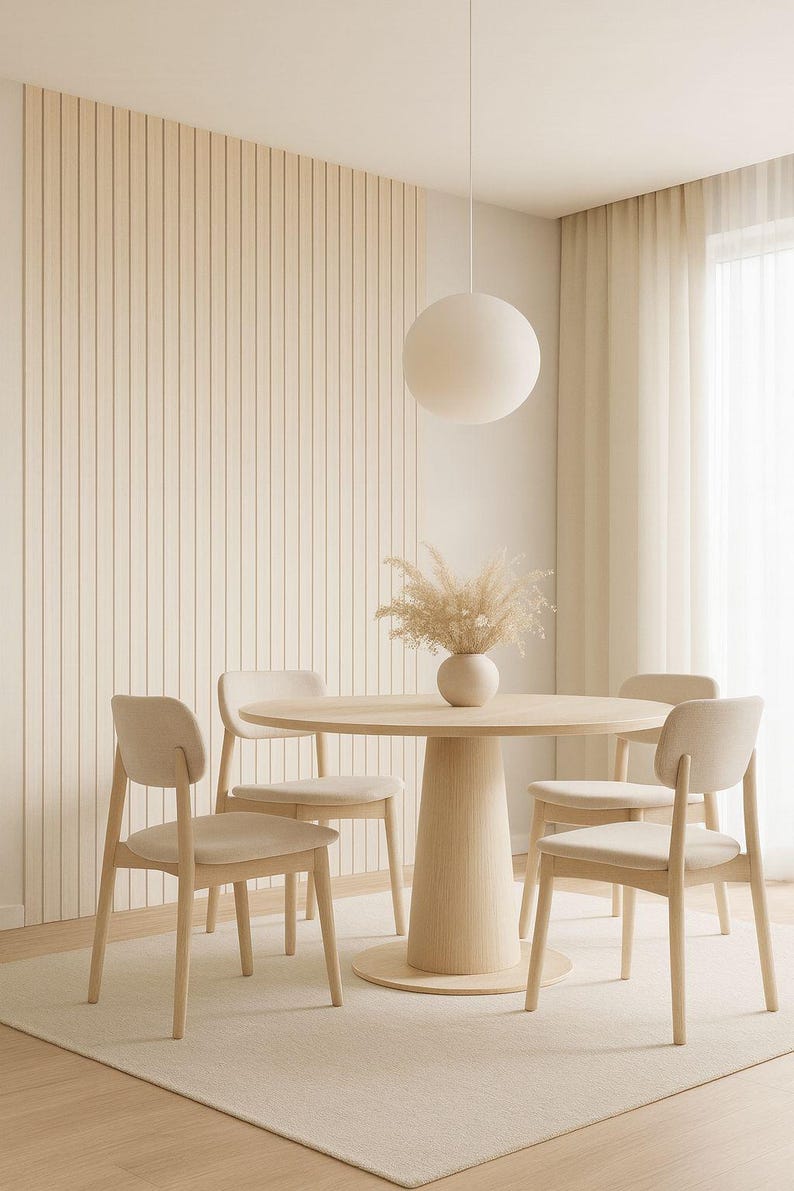 Pu&ograve; includere: Un tavolo da pranzo rotondo in legno chiaro con quattro sedie abbinate. Un vaso di fiori secchi &egrave; sul tavolo. La stanza ha una palette di colori neutri con una grande lampada rotonda e una parete a pannelli verticali.