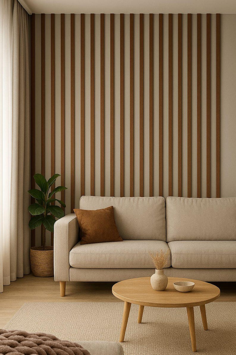 May include: A modern living room scene featuring a beige sofa with a brown cushion, a round wooden coffee table, and a potted plant. The wall has vertical wooden slats. The room has a neutral color palette.