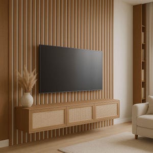 Pu&ograve; includere: Un moderno allestimento del soggiorno con un grande televisore a schermo piatto nero montato su una parete a doghe di legno. Sotto il televisore c'&egrave; un mobile in legno sospeso con pannelli di porte in canna intrecciata. Un vaso beige con piante secche aggiunge un tocco decorativo.