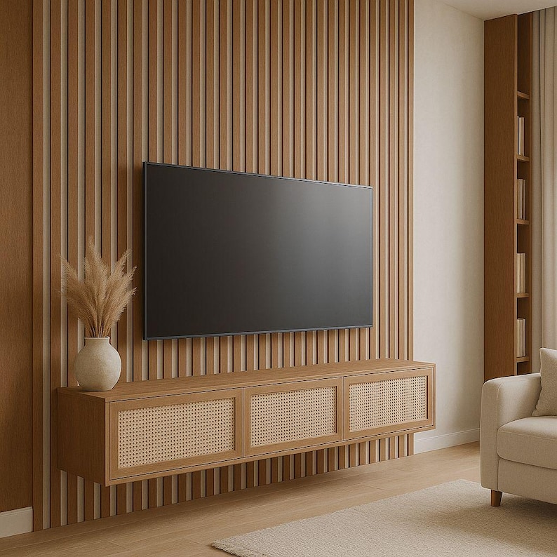 Pu&ograve; includere: Un moderno allestimento del soggiorno con un grande televisore a schermo piatto nero montato su una parete a doghe di legno. Sotto il televisore c'&egrave; un mobile in legno sospeso con pannelli di porte in canna intrecciata. Un vaso beige con piante secche aggiunge un tocco decorativo.