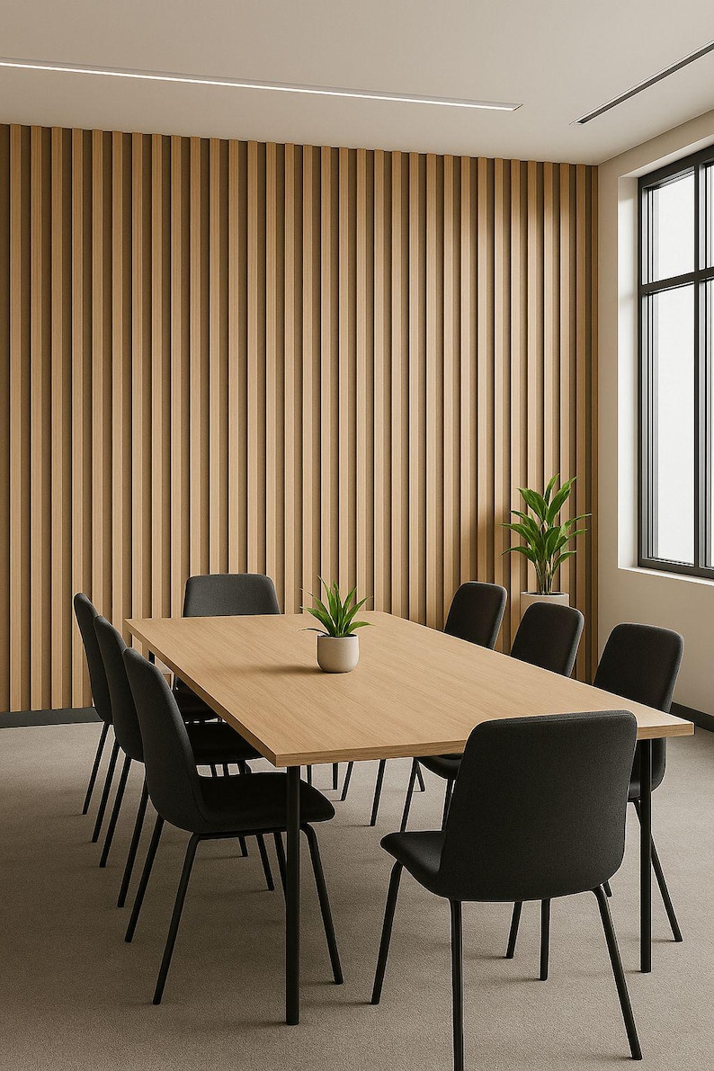 May include: A modern conference room with a light wood table and eight black chairs. The room features a light wood panel wall and a window with a black frame. Two potted plants are on the table and in the corner.