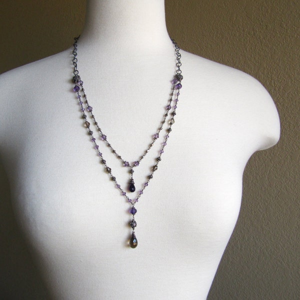 Long Double Strand Necklace Wire Wrapped Amethyst Smokey Quartz Silver Birthstone