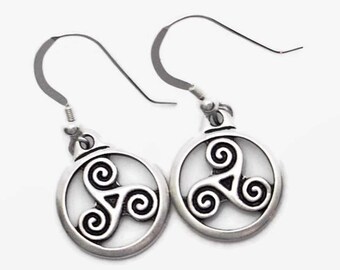 Celtic Triskele Spirals Dangle Earrings Fine Silver Plated Pewter with Sterling Silver Earwires * Boxed