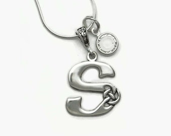 April Birthstone Necklace Sterling Silver with Celtic Initial and Swarovski Crystal Birthstone 18" Snake Chain Boxed