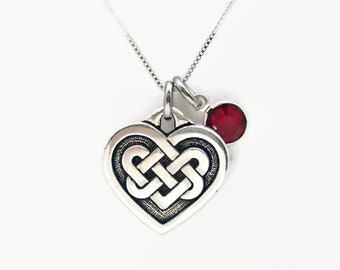 Collar de corazón con nudo de amor infinito celta y cristal Swarovski rojo Siam * Cadena de caja de plata de ley de 45 cm * Regalo para San Valentín * En caja de regalo