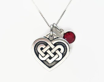 Celtic Love Knot Heart Necklace with Siam Red Swarovski Crystal * 18" Sterling Silver Box Chain * Gift Boxed