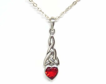 Celtic Heart Sterling Silver Necklace Ruby Red CZ Heart Graceful Knotwork 16" or 18" Chain Valentines Day Sweetheart Gift Boxed