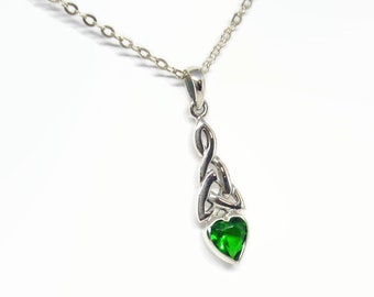 May Birthstone Necklace Emerald Green CZ Heart Celtic Knotwork Trinity All Sterling Silver 16" or 18" Cable Chain Boxed