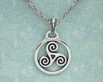 Celtic Triskele Necklace * Triple Spiral * 18" Scroll Chain * Antiqued Tierracast Pendant & Bail * Boxed