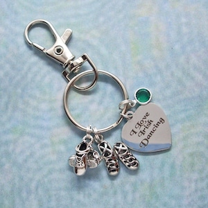 I Love Irish Dancing Keyring or Clip On Bag Chams with Ghillies, Hard Shoes, Engraved Message Heart & Swarovski Crystal Charms